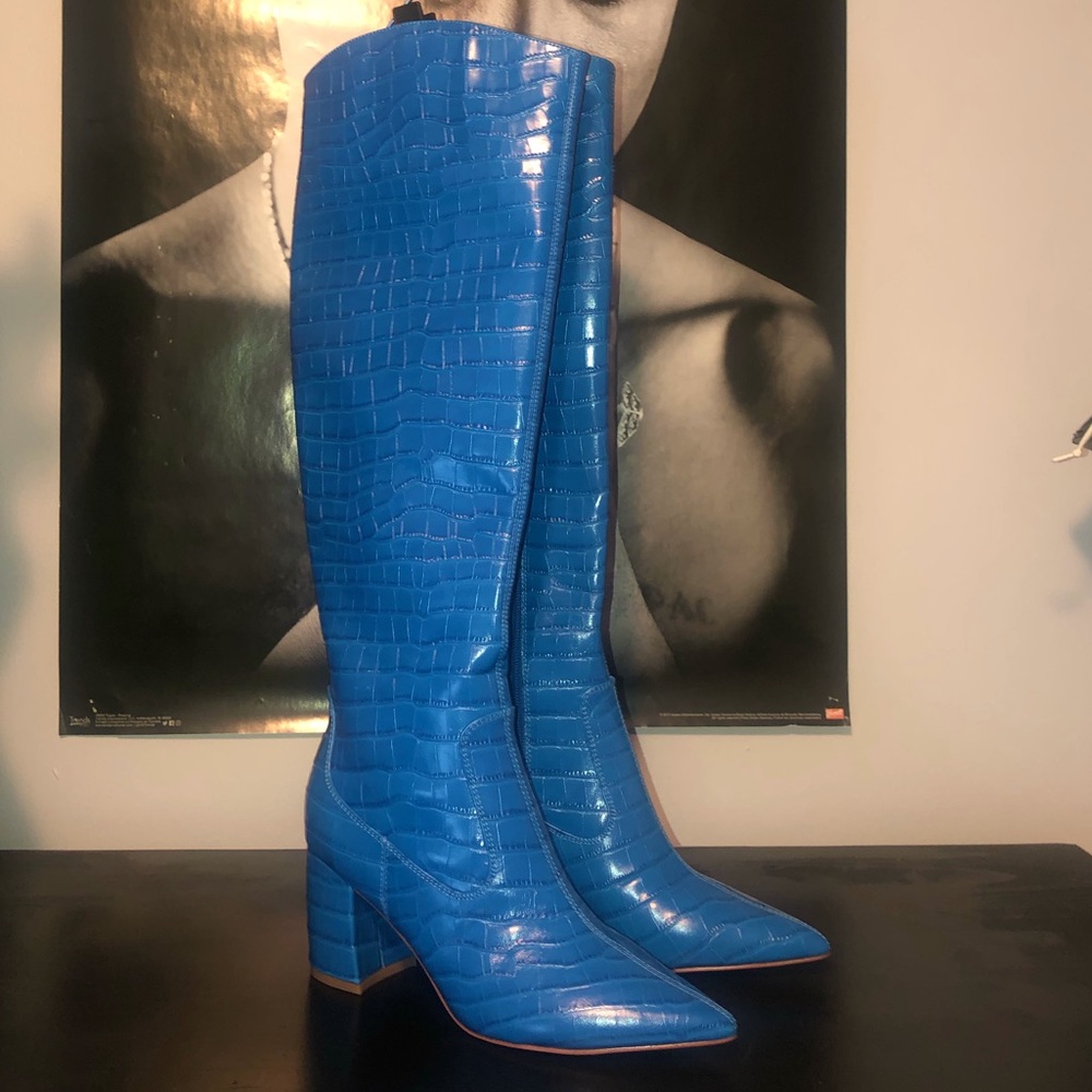 Blue croc knee high boots
